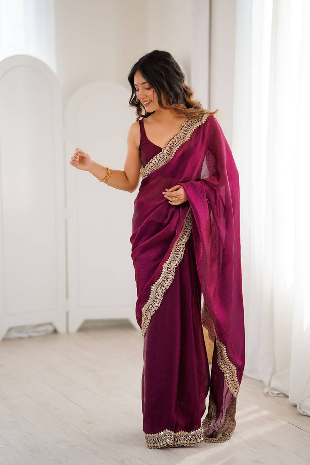 Wine Embroidered Silk Saree (ACA6667)
