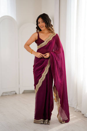 Wine Embroidered Silk Saree (ACA6667)