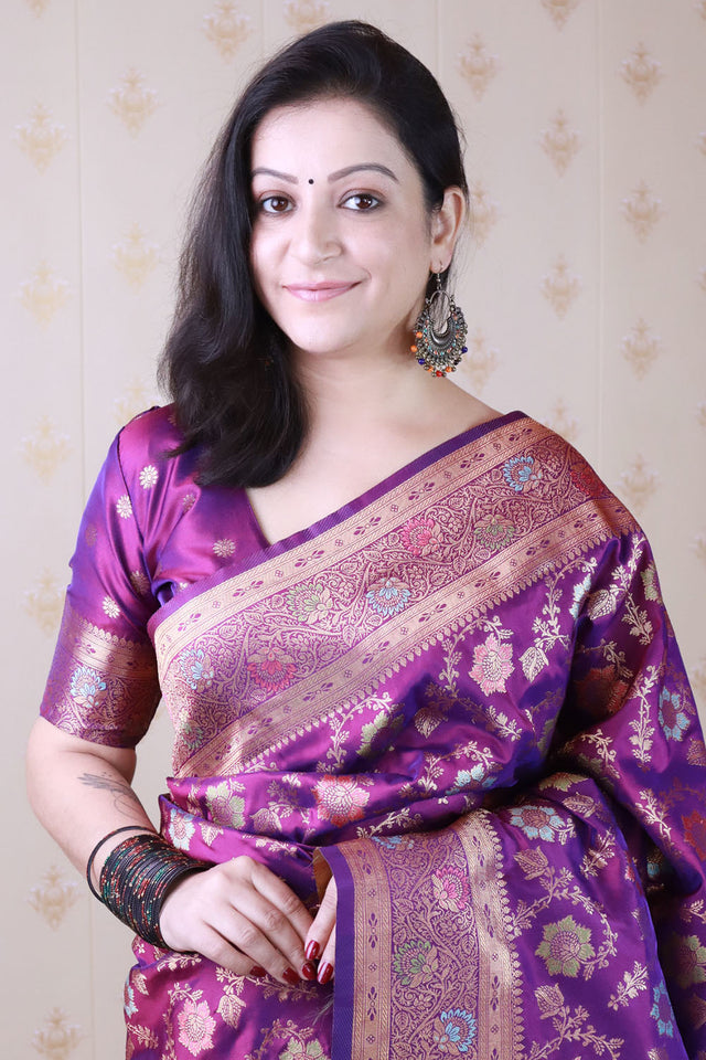 Wine Woven Banarasi Silk Saree (ACA6679)