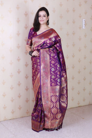 Wine Woven Banarasi Silk Saree (ACA6679)
