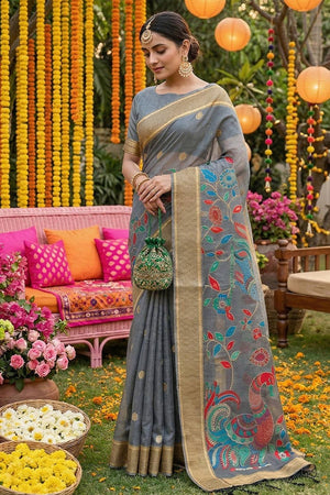 Grey Woven Cotton Blend Saree (ACA6680)