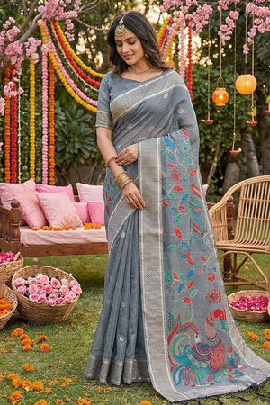 Grey Woven Cotton Blend Saree (ACA6680)