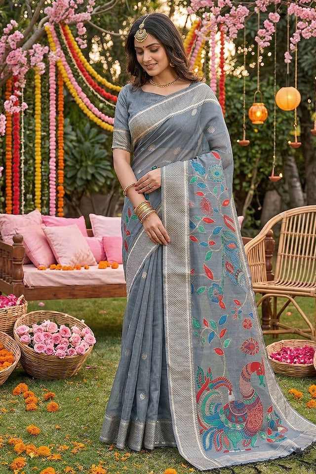 Grey Woven Cotton Blend Saree (ACA6680)