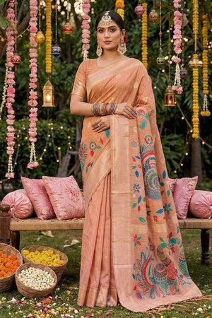 Peach Woven Cotton Blend Saree (ACA6682)