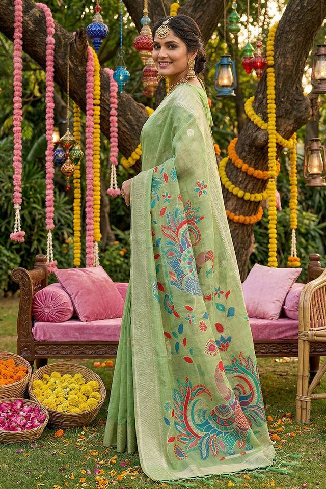 Green Woven Cotton Blend Saree (ACA6683)