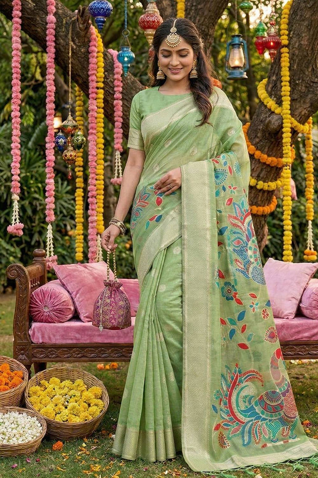 Green Woven Cotton Blend Saree (ACA6683)