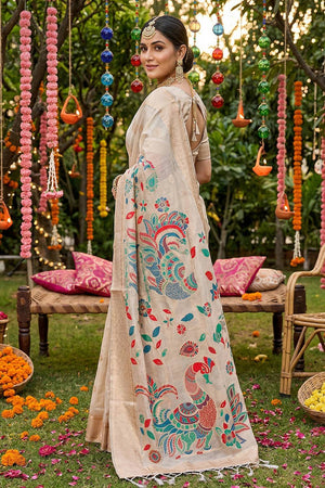 Cream Woven Cotton Blend Saree (ACA6684)