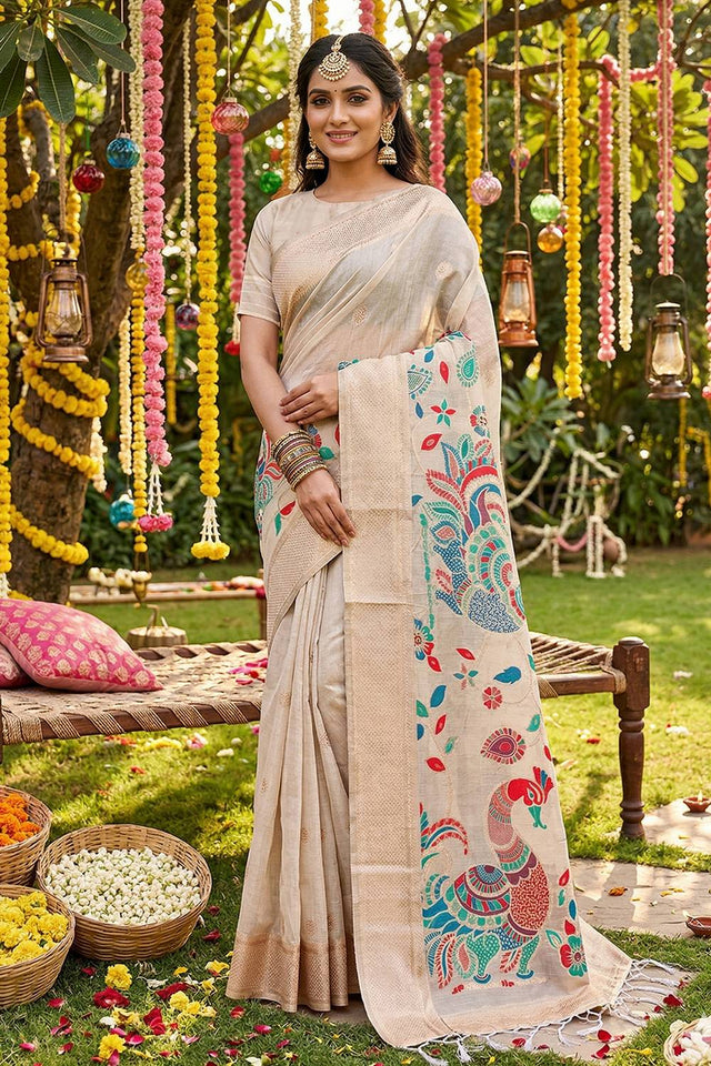 Cream Woven Cotton Blend Saree (ACA6684)