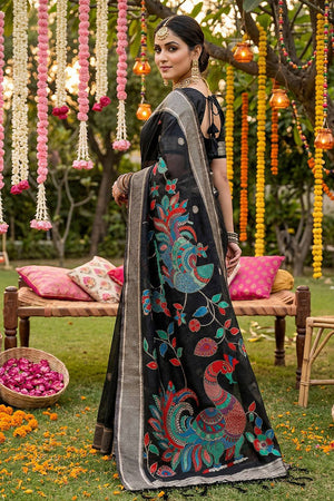 Black Woven Cotton Blend Saree (ACA6685)