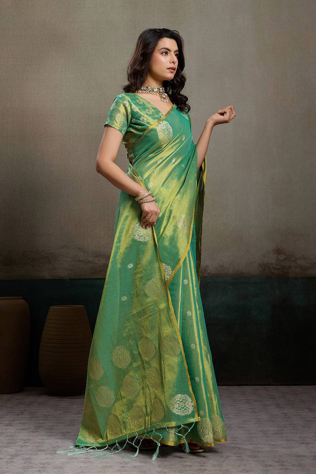Green Woven Tissue Saree (ACA6690)