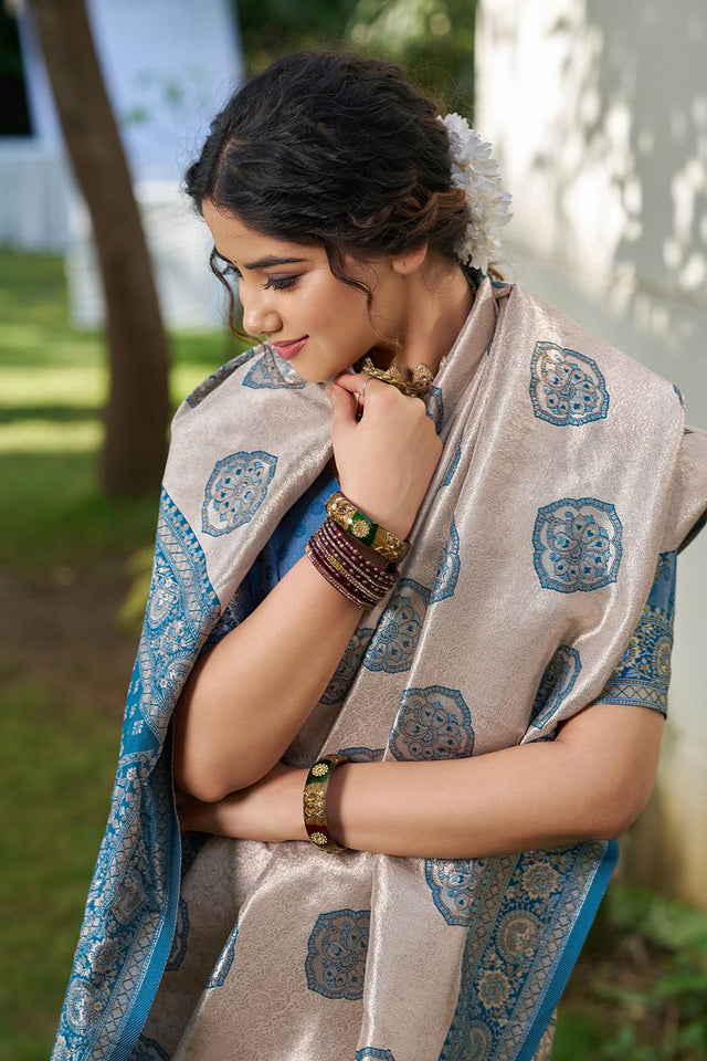 Blue Woven Silk Blend Saree (ACA6728)