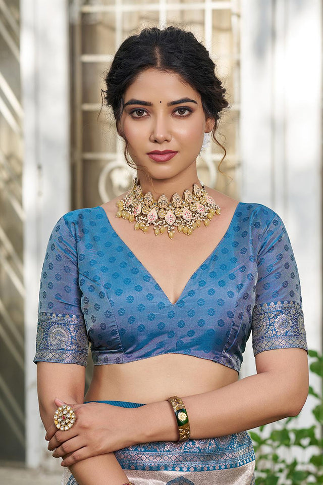 Blue Woven Silk Blend Saree (ACA6728)