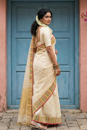 Cream Woven Silk Blend Saree (ACA6733)