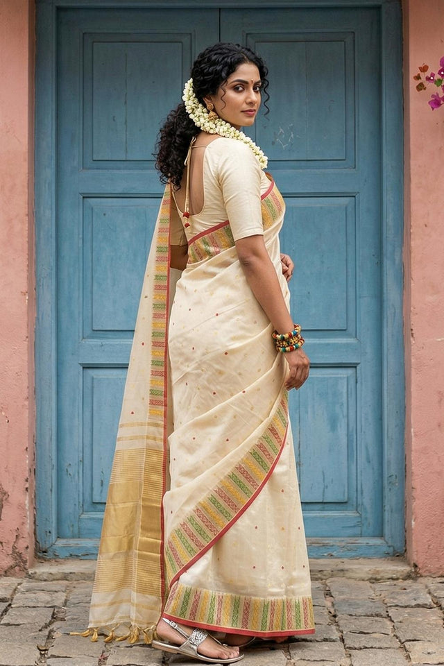 Cream Woven Silk Blend Saree (ACA6733)