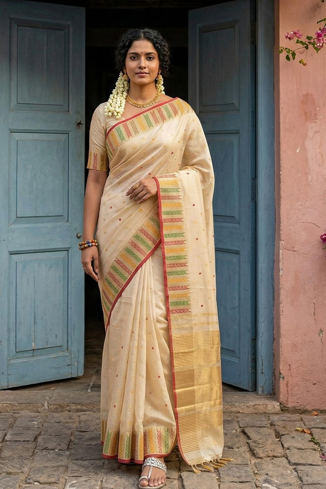Cream Woven Silk Blend Saree (ACA6733)