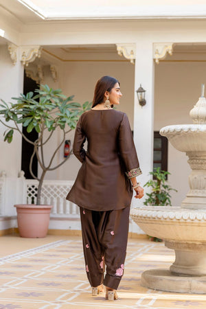 Brown Floral Embroidered Satin Punjabi Suit Set (ACA6735)