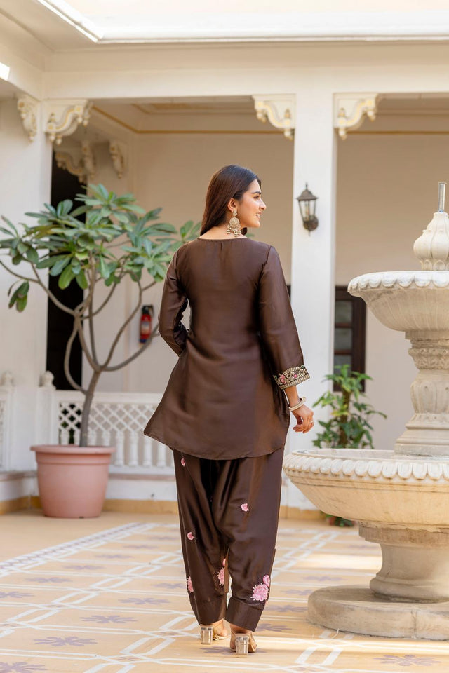 Brown Floral Embroidered Satin Punjabi Suit Set (ACA6735)