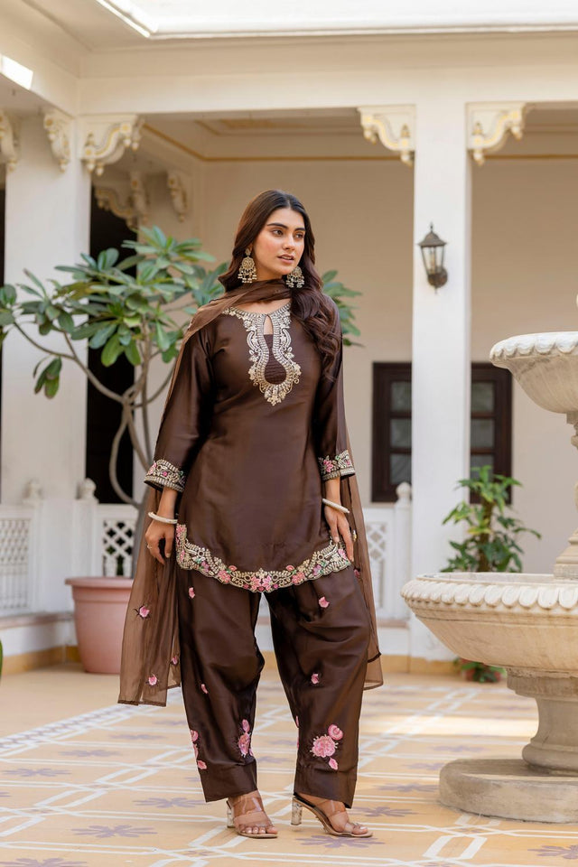 Brown Floral Embroidered Satin Punjabi Suit Set (ACA6735)
