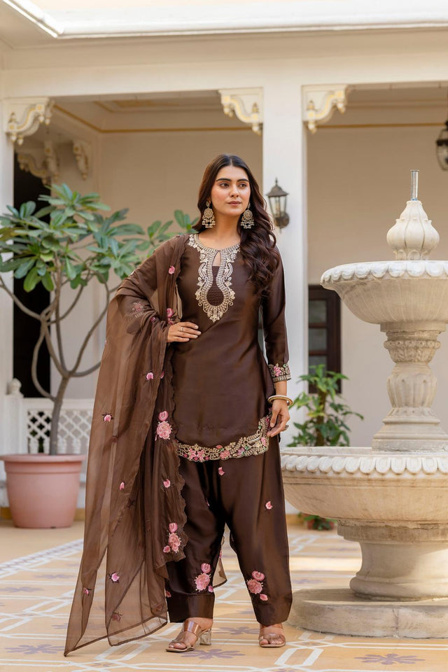 Brown Floral Embroidered Satin Punjabi Suit Set (ACA6735)