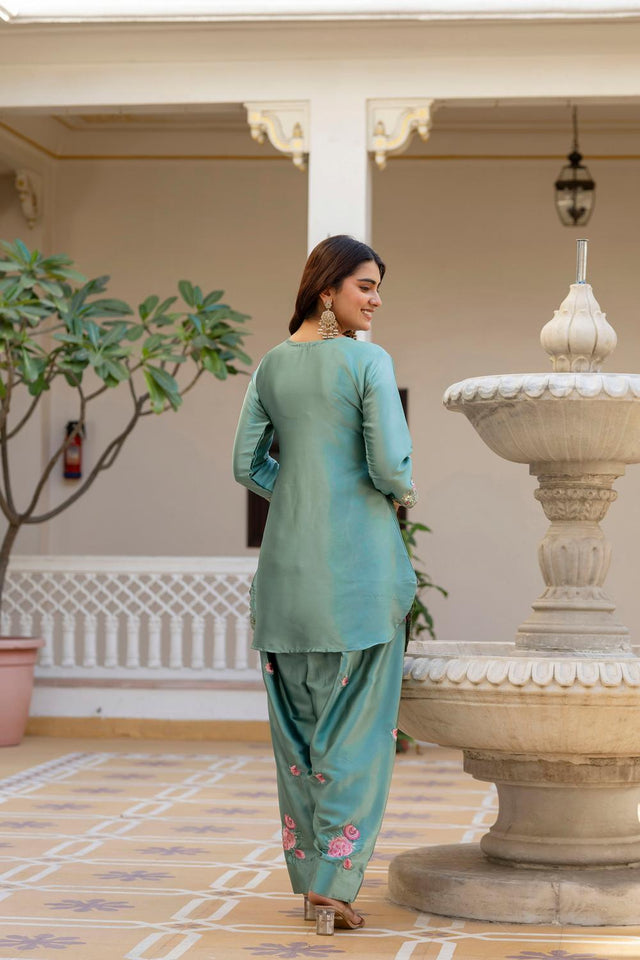 Sea Green Floral Embroidered Satin Punjabi Suit Set (ACA6736)