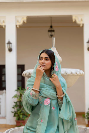 Sea Green Floral Embroidered Satin Punjabi Suit Set (ACA6736)