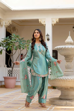 Sea Green Floral Embroidered Satin Punjabi Suit Set (ACA6736)