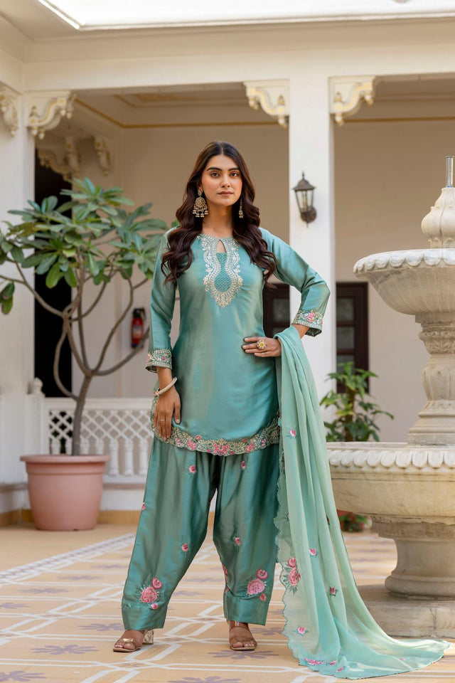 Sea Green Floral Embroidered Satin Punjabi Suit Set (ACA6736)