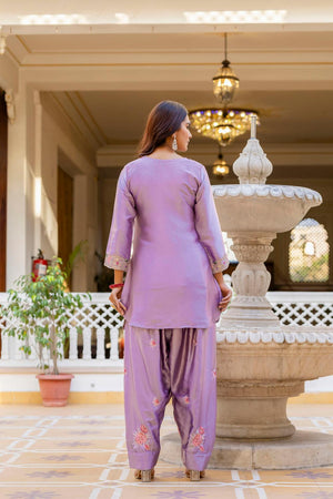 Violet Floral Embroidered Satin Punjabi Suit Set (ACA6737)