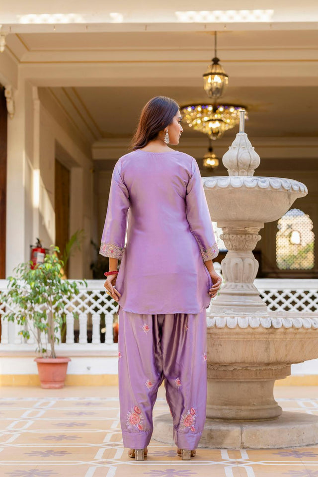 Violet Floral Embroidered Satin Punjabi Suit Set (ACA6737)