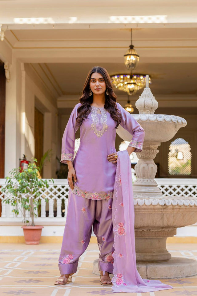 Violet Floral Embroidered Satin Punjabi Suit Set (ACA6737)