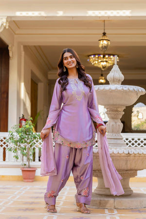 Violet Floral Embroidered Satin Punjabi Suit Set (ACA6737)