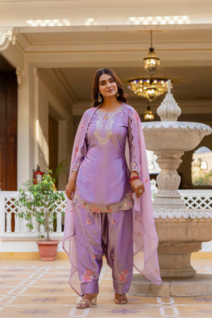 Violet Floral Embroidered Satin Punjabi Suit Set (ACA6737)