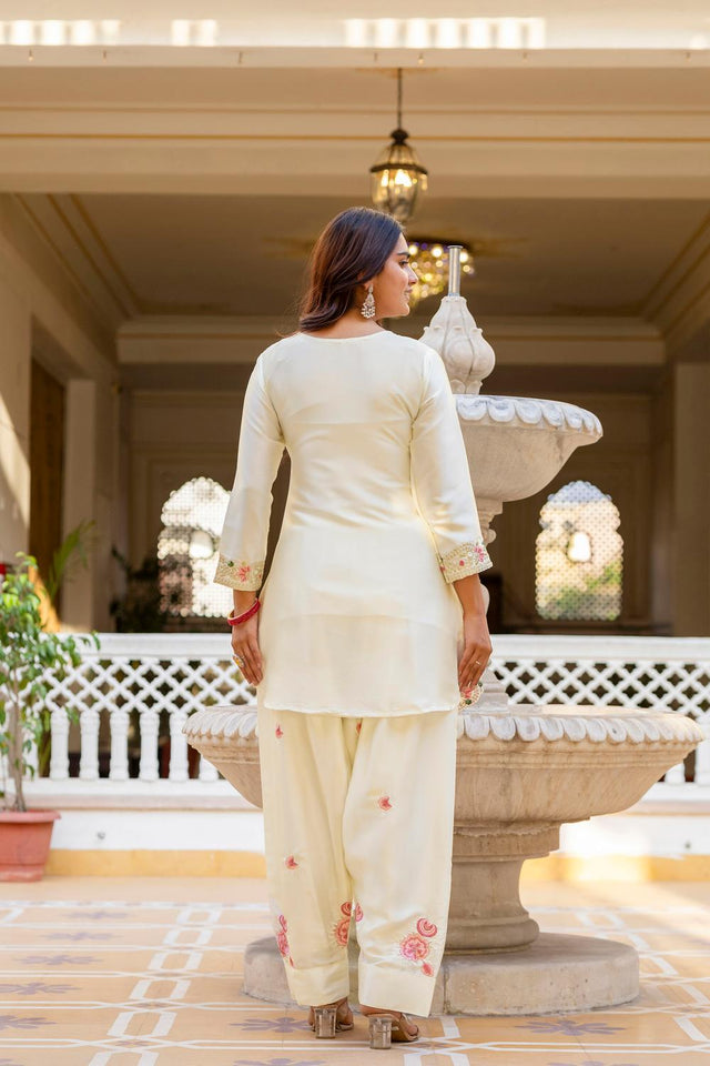 White Floral Embroidered Satin Punjabi Suit Set (ACA6738)