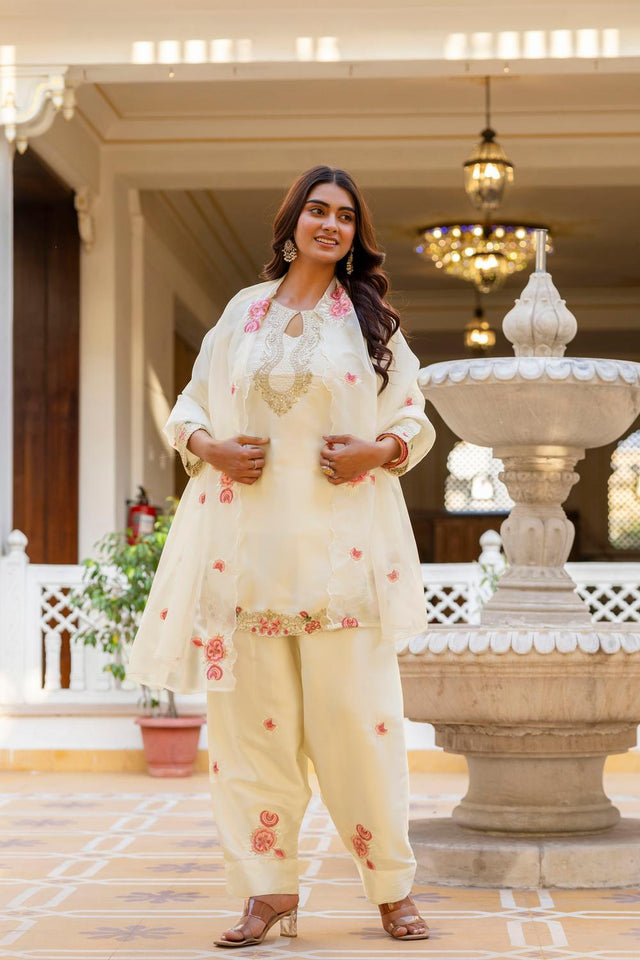 White Floral Embroidered Satin Punjabi Suit Set (ACA6738)