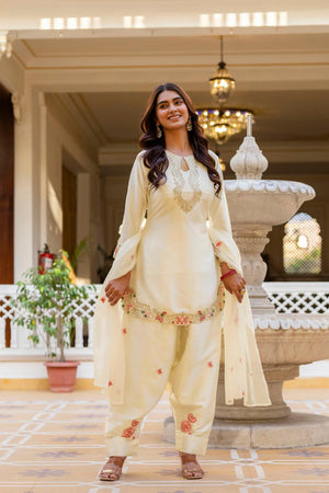 White Floral Embroidered Satin Punjabi Suit Set (ACA6738)