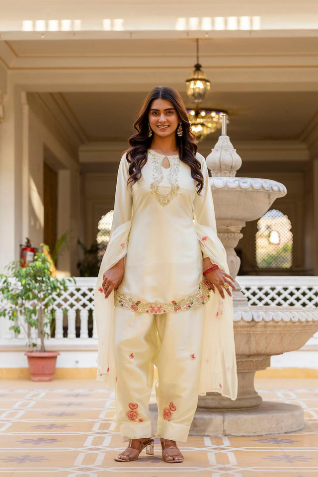 White Floral Embroidered Satin Punjabi Suit Set (ACA6738)