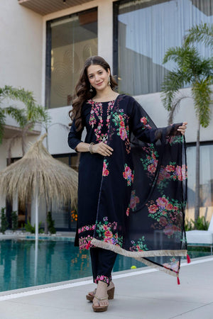 Blue Floral Embroidered Chinon Kurti Pant Set (ACA6739)
