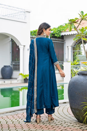 Turquoise Floral Embroidered Silk Kurti Pant Set (ACA6741)