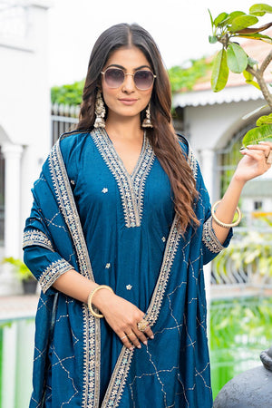 Turquoise Floral Embroidered Silk Kurti Pant Set (ACA6741)