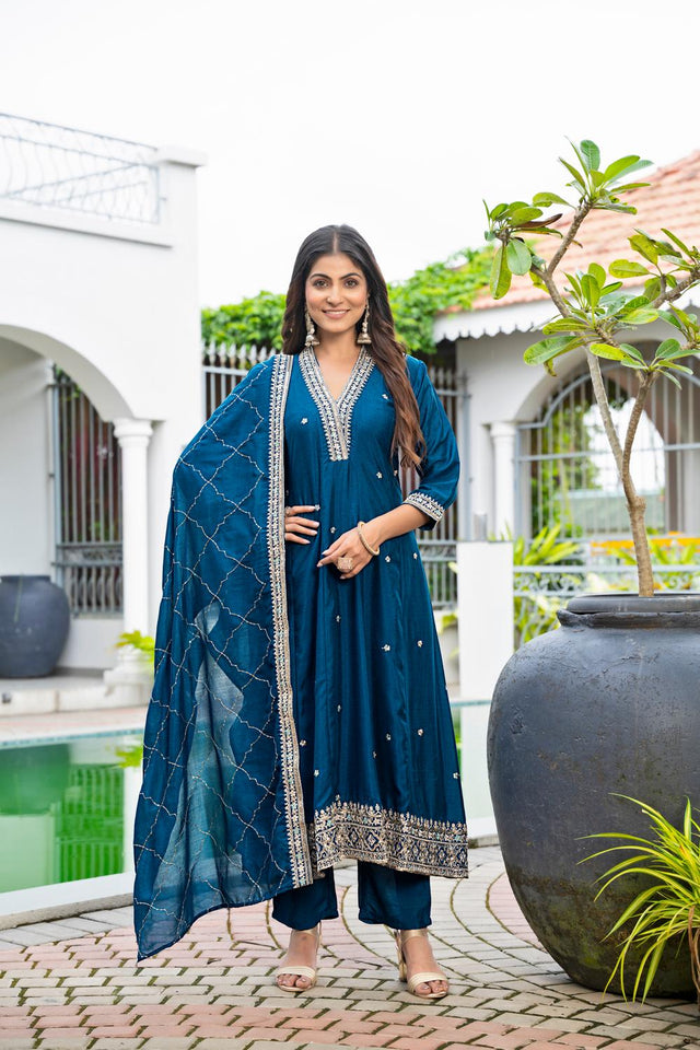 Turquoise Floral Embroidered Silk Kurti Pant Set (ACA6741)