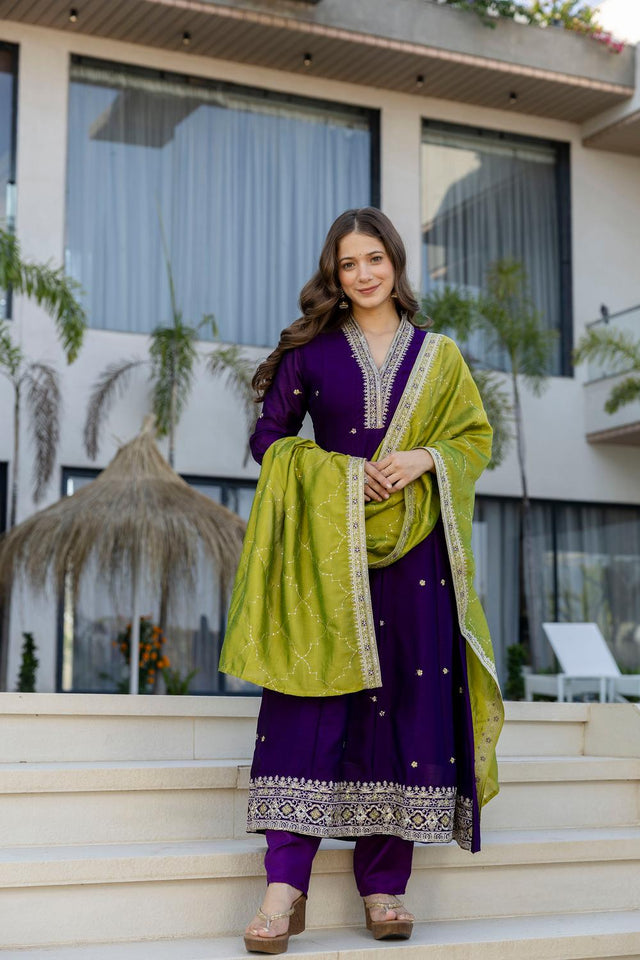 Violet Floral Embroidered Silk Kurti Pant Set (ACA6742)