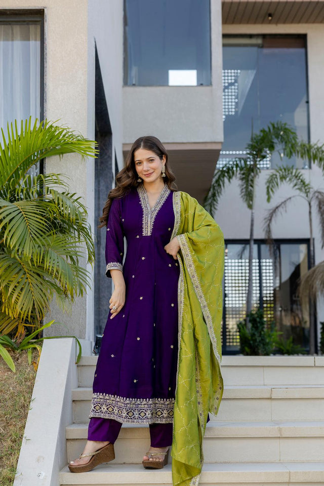 Violet Floral Embroidered Silk Kurti Pant Set (ACA6742)