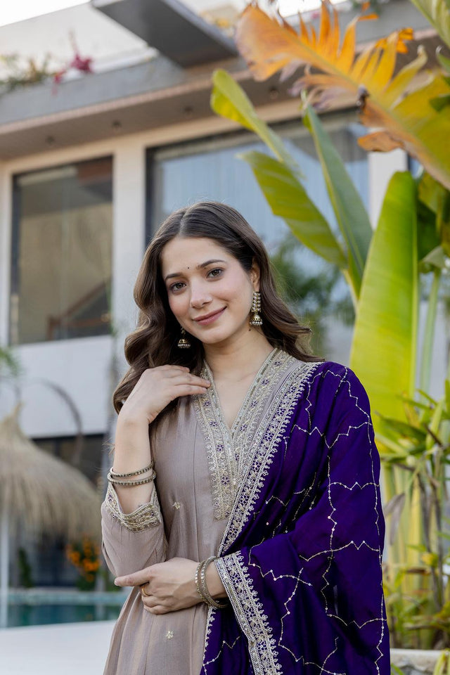 Grey Floral Embroidered Silk Kurti Pant Set (ACA6743)