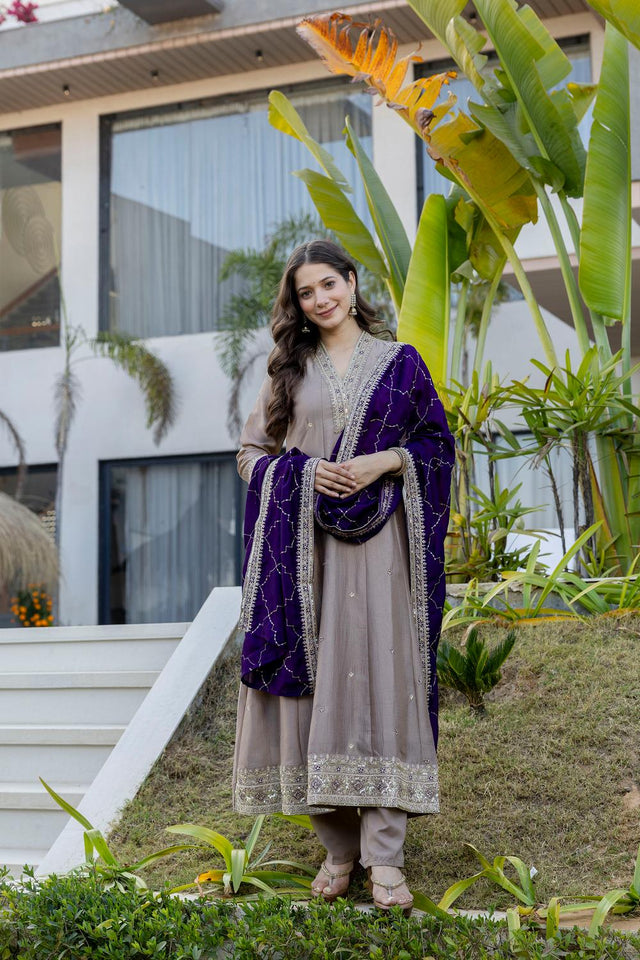 Grey Floral Embroidered Silk Kurti Pant Set (ACA6743)
