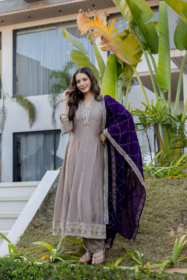 Grey Floral Embroidered Silk Kurti Pant Set (ACA6743)