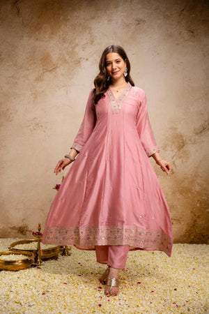 Pink Floral Embroidered Silk Kurti Pant Set (ACA6744)
