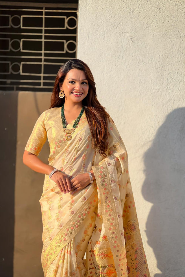 Cream Floral Woven Silk Saree (ACA6755)