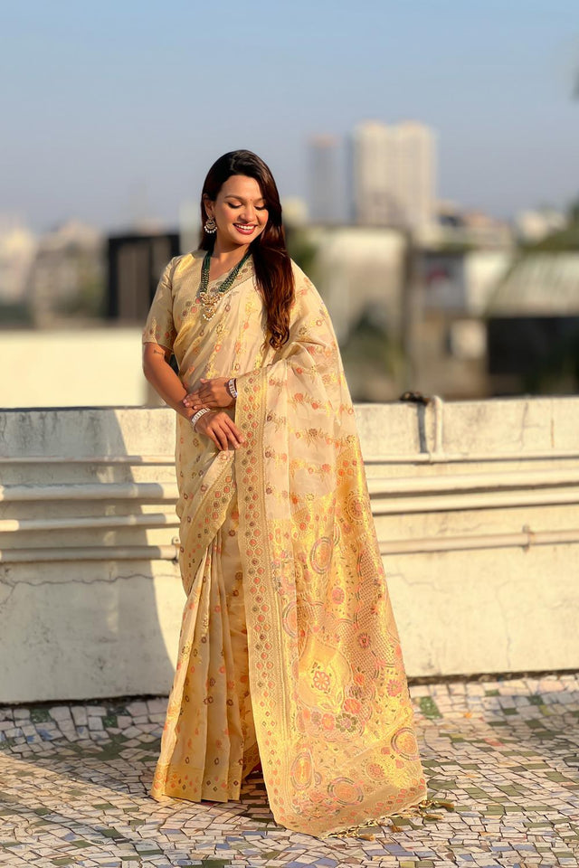 Cream Floral Woven Silk Saree (ACA6755)