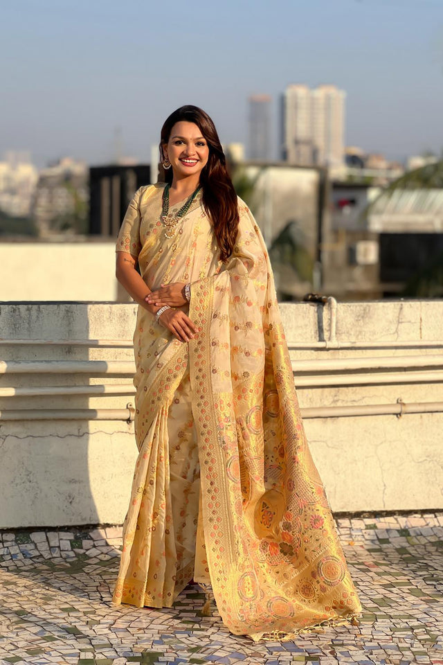 Cream Floral Woven Silk Saree (ACA6755)