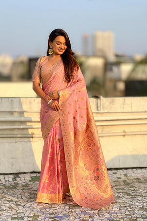 Pink Floral Woven Silk Saree (ACA6756)